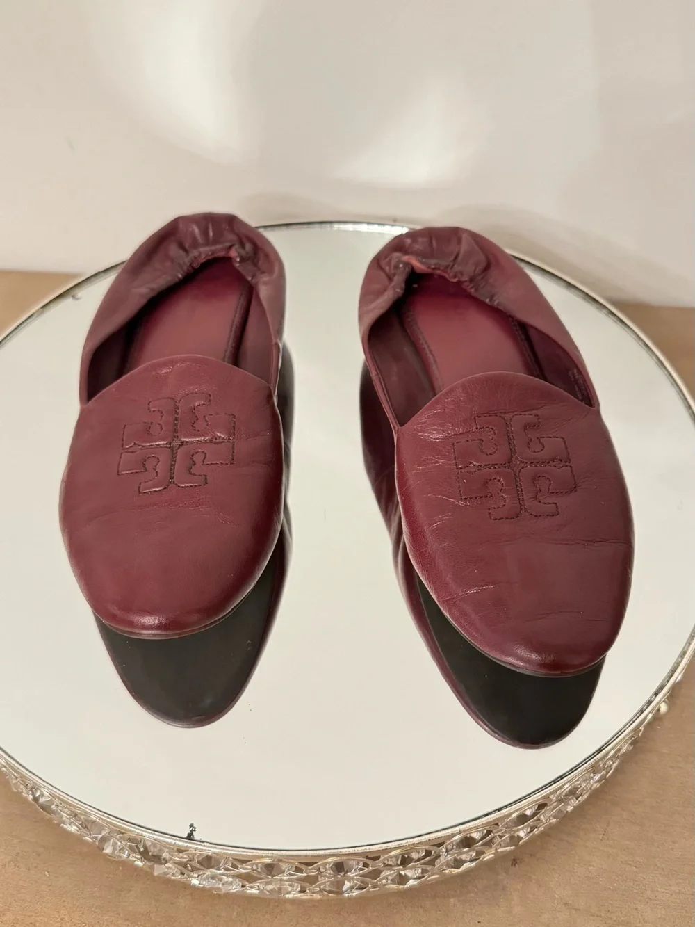 Tory Burch Burgundy Leather Logo Ballet Flats